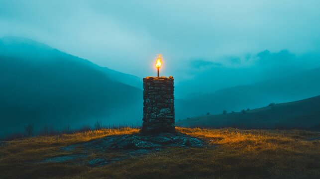 A solitary torch burns atop a stone pillar in a misty landscape, symbolizing hope and guidance.