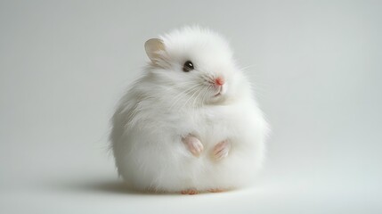 Cute White Hamster with Fluffy Fur Sitting on Clean Background