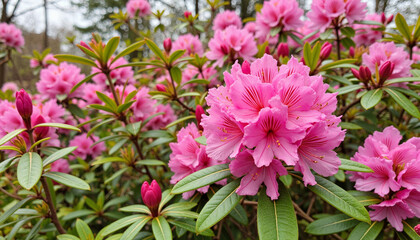Vibrant rhododendron flowers blooming in botanical park, spring beauty