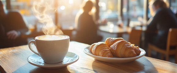 Steaming cup of coffee with heart-shaped latte art and fresh croissants on a plate, set in a cozy cafe environment with warm lighting, symbolizing relaxation and comfort.