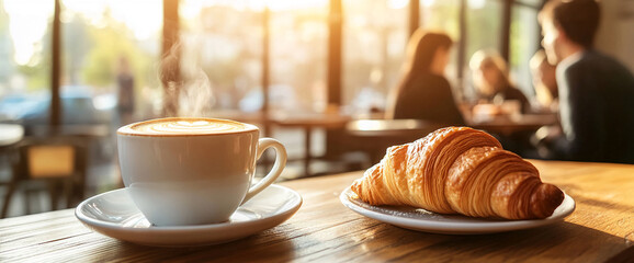 A steaming cup of coffee with heart-shaped latte art and a croissant on a plate, placed on a wooden table in a cozy café, symbolizing a relaxing morning.