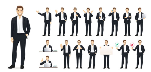 Set of young handsome man in business clothes. Different poses and various gestures male character standing and sitting at the desk isolated vector illustration