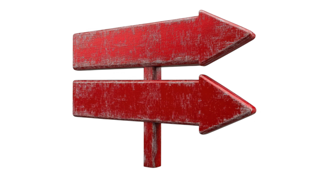 Red signpost with opposite arrows, navigating decisions and directions at a crossroads