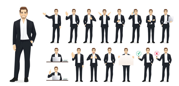 Set of young handsome man in business clothes. Different poses and various gestures male character standing and sitting at the desk isolated vector illustration