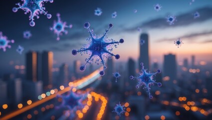 Microscopic Viruses Hovering Over Illuminated City at Dusk Depicting Infection Threat