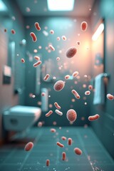 Digital visualization of airborne bacteria spread in a bathroom, demonstrating the importance of hygiene and cleanliness in such environments