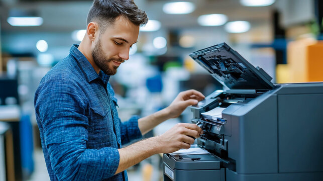 A young man in an office setting working with a printer or multifunction device (MFP).