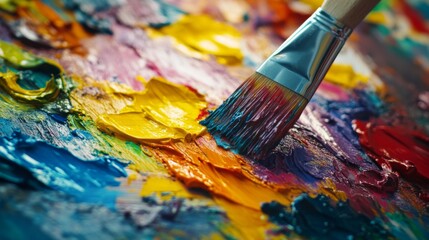 Obraz premium A painter's brush swirls vivid colors across a textured canvas, encapsulating the spirit of creativity in a dynamic burst of expression.