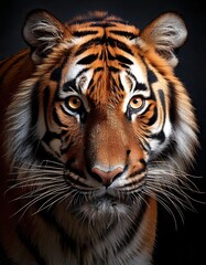 A striking close-up portrait of a tiger with piercing amber eyes, detailed fur patterns, and intense gaze against a dark background.