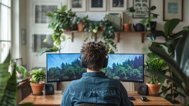 Person working from home at a cozy desk setup with dual monitors, surrounded by indoor plants, creating a serene workspace environment.