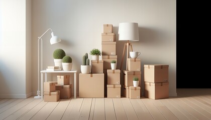 A minimalist interior with stacked cardboard boxes and potted plants, perfect for moving or storage themes.