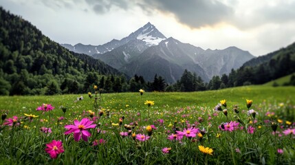 Fototapeta premium Majestic Sunrise Mountain Meadow Wildflowers Landscape Photography