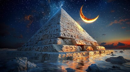 Naklejka premium Ancient Pyramid Night Sky Crescent Moon Starry Night Mythical Scene Egyptology Fa