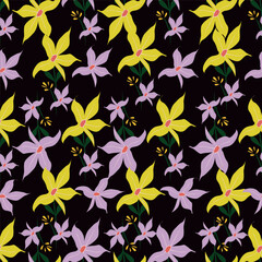 dual-color a solid small flower with stalk leaves arrangement, all over vector design with black and cream background illustration digital image for textile or wrapping paper printing factory