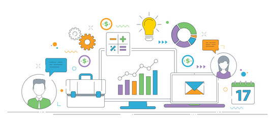 Business data illustration featuring charts, digital communication, and financial elements for strategic analysis. Thin line icons design in vector.