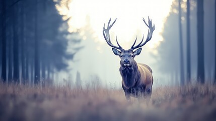 Naklejka premium Majestic Stag in Misty Dawn Forest Wildlife Photography