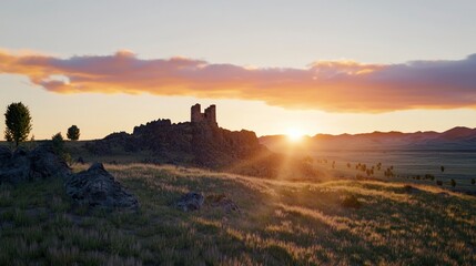 Majestic Sunset over Grassland   Ancient Ruins
