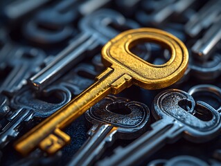 A golden key stands upright among silver keys, symbolizing leadership, innovation and unique problem-solving. Bold and inspiring, it's ideal for ads, business, or content on leadership and innovation.