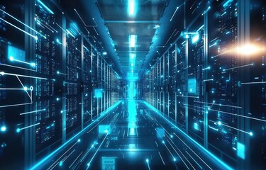 A futuristic data center with glowing blue lights, advanced servers, and high-speed connections, symbolizing cloud computing, AI, and cybersecurity. Ideal for technology themes