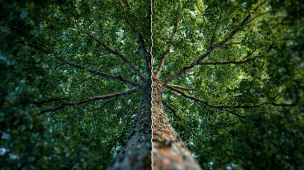 Fototapeta premium Majestic Split Tree Nature s Duality Green Leaves Lush Foliage Canopy Branches Trunk