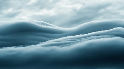 Dramatic, brooding clouds swirl in the sky, creating rolling waves of shadowy blue and gray, evoking a sense of mystery and impending storm.