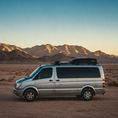 Obraz premium Road Trip Ready: A sleek camper van, laden with gear, stands poised against a backdrop of majestic mountains and open sky, embodying the spirit of adventure and exploration. 