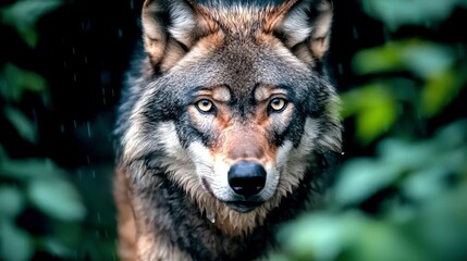 Obraz premium Majestic Wolf in Rain Soaked Forest Intense Gaze Wildlife Photography