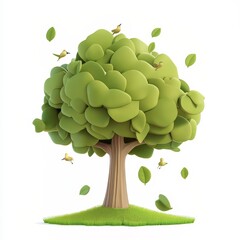 Cartoon Tree with Birds and Falling Leaves - Springtime Nature Illustration