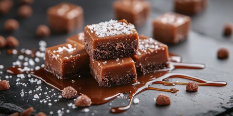 Delicious chocolate treats arranged on a dark textured surface with a drizzle of chocolate and a sprinkle of salt