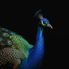 Naklejka premium Peacock's Regal Gaze: This image captures a majestic peacock, showcasing its vibrant plumage and striking blue and green coloration.