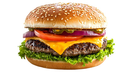 Photo - Delicious Cheeseburger with Beef Patty, Lettuce, Tomato, Onion, and Sesame Seed Bun
