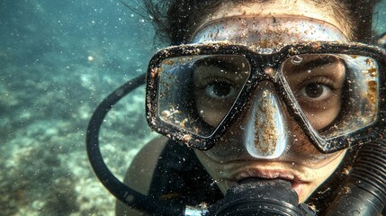 Underwater Diver Closeup  Serene Face  Scuba Gear  Coral Reef