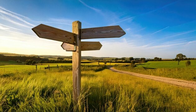 Naklejki A rustic wooden signpost stands at a crossroads in a scenic countryside landscape with green fields, blue sky, and a dirt path.