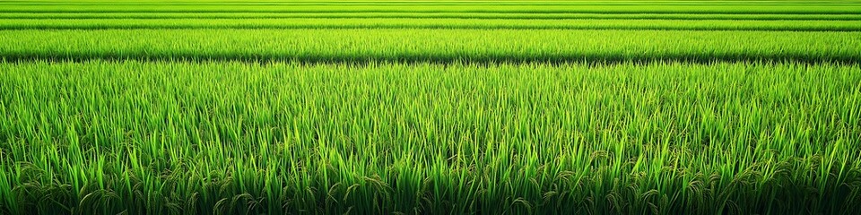 Obraz premium A rice paddy field with bright green rice plants growing in neat rows