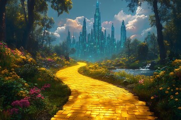 A fantastical yellow brick road leads to a magnificent ice castle.