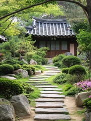 Obraz premium A small stone walkway leading to a traditional wooden building