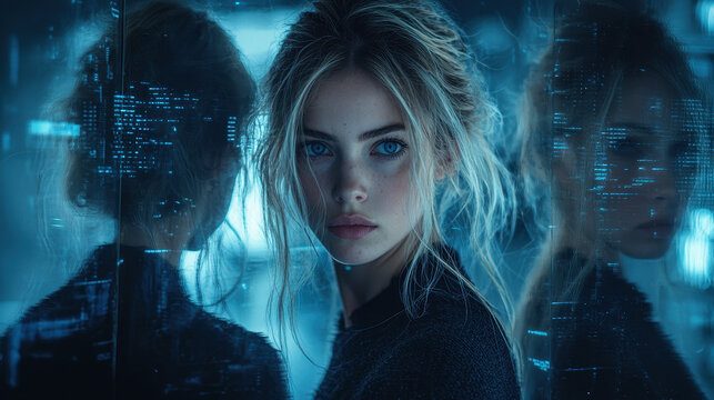 Woman stands in front of mirror as AI interface analyzes emotions revealing sci-fi paranoia and hidden surveillance in a detailed setting