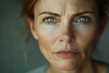 Fototapeta premium Close-up portrait of a woman's face showing wrinkles and aging, conveying a serious expression.
