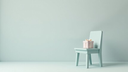 Fototapeta premium A Pale Pink Gift Box Rests on a Light Blue Wooden Chair Against a Soft Green Wall
