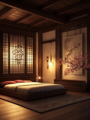 Fototapeta premium An exquisite Japanese bedroom showing the interior design and lighting