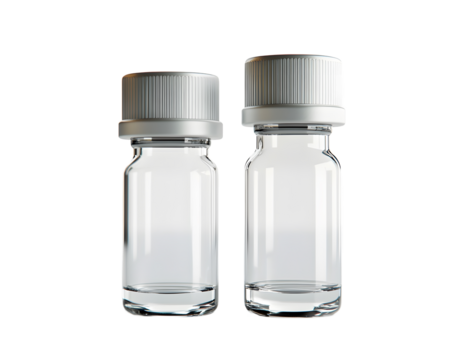 Two clear glass bottles with white caps on a white isolated background.