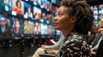 Focused individual observing multiple digital screens in a control room, highlighting technology and media convergence.