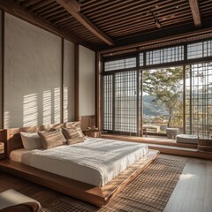 Naklejka premium A minimalist bedroom scene with minimalist interior design