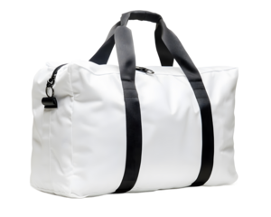 Stylish white duffel bag with black straps, perfect for travel or gym use.