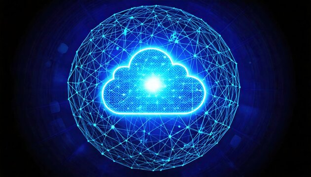 A radiant blue cloud icon encircled by a digital network, representing cloud computing, data storage, online connectivity, and advanced technology.