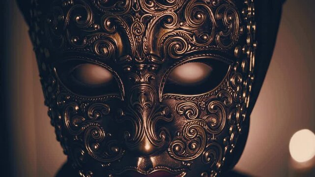 A Close Up Of A Mysterious Figure Wearing An Ornate Mask. The Eyes Behind The Mask Glow Faintly, And Intricate Golden Patterns Reflect Dim Candlelight