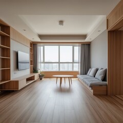 Fototapeta premium A modern minimalist living room with wood and natural light