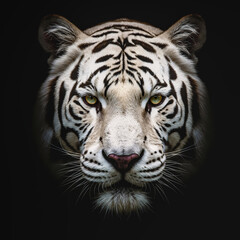 Fototapeta premium Majestic Gaze: A striking portrait of a snow-white tiger, exuding strength and allure, captivates with its intense stare, set against a stark black background.