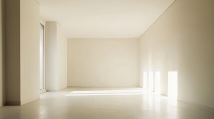 Obraz premium An empty, warmly lit room with clean walls and soft, ambient light filtering through.