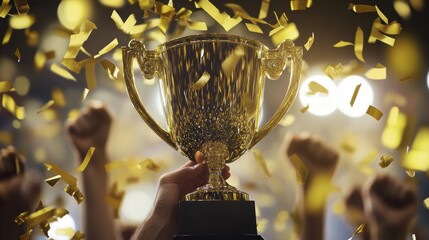 Triumphant celebration with golden trophy and confetti in background
